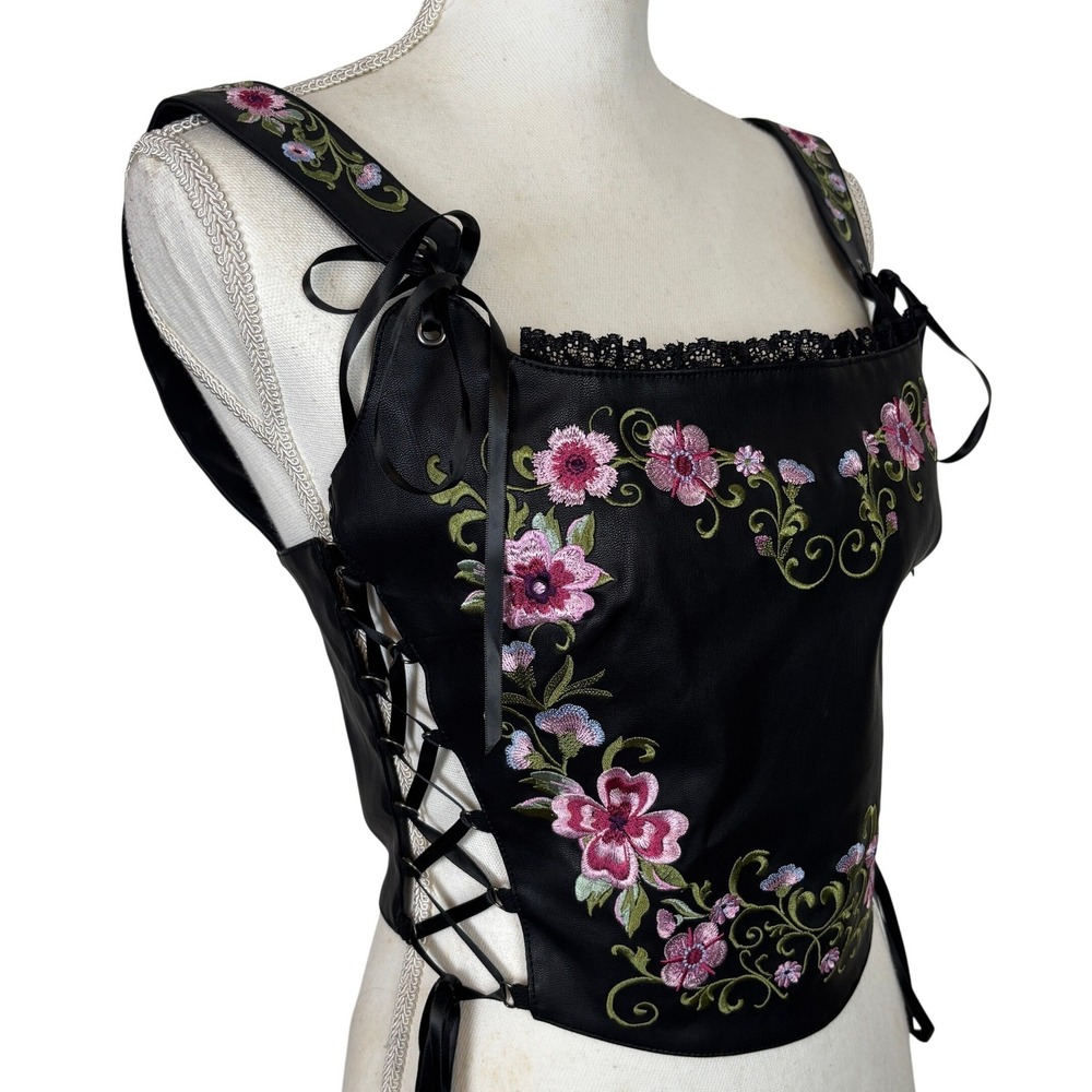 Current Mood Glistening Gardens Corset Top Large Black Dolls Kill Vegan Leather
